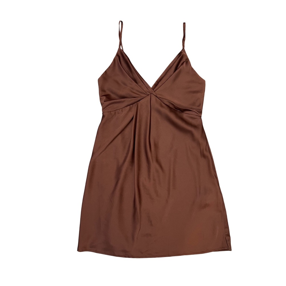 NWT Forever 21 Brown Satin Twist Front Slip Mini Dress Women's Medium‎